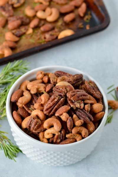 rosemary roasted nuts in bowl