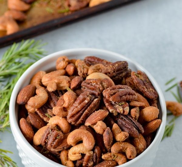 rosemary roasted nuts in bowl
