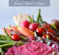 Roasted garlic beet dip with vegetables and text overlay