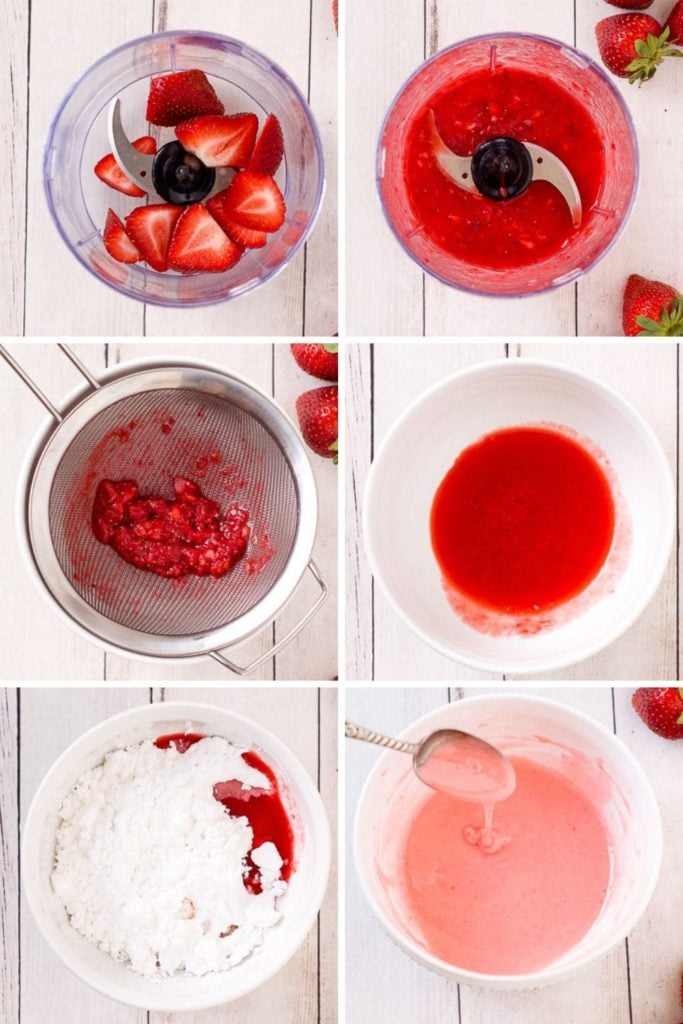 process of pureeing strawberries and making glaze