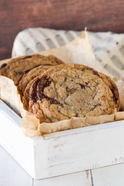 Brown Butter Toffee Chocolate Chip Cookies in white serving box