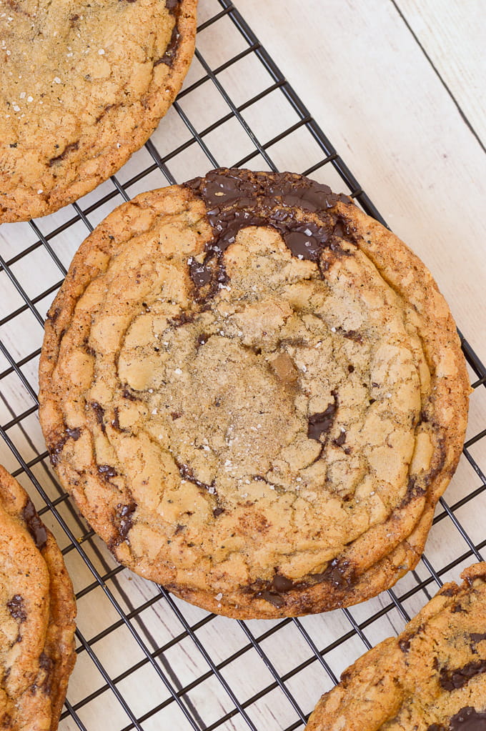 Brown Butter Toffee Chocolate Chip Cookies on cooling rach