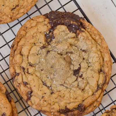 Brown Butter Toffee Chocolate Chip Cookies on cooling rack