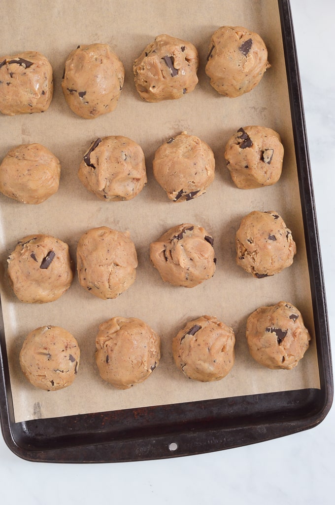Brown Butter Toffee Chocolate Chip Cookie Dough Resting in Balls