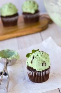 mint chocolate chip frosting on cupcake