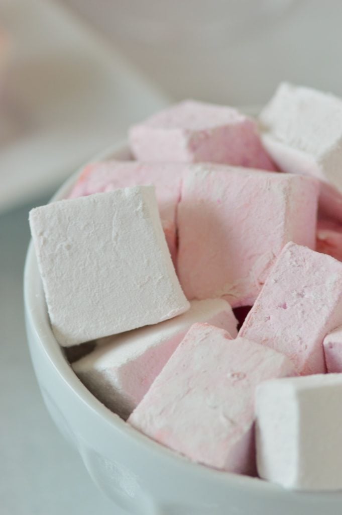 close up of champagne marshmallows in bowl