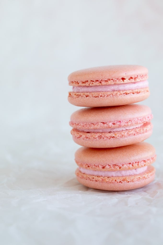 pink french macarons up close 