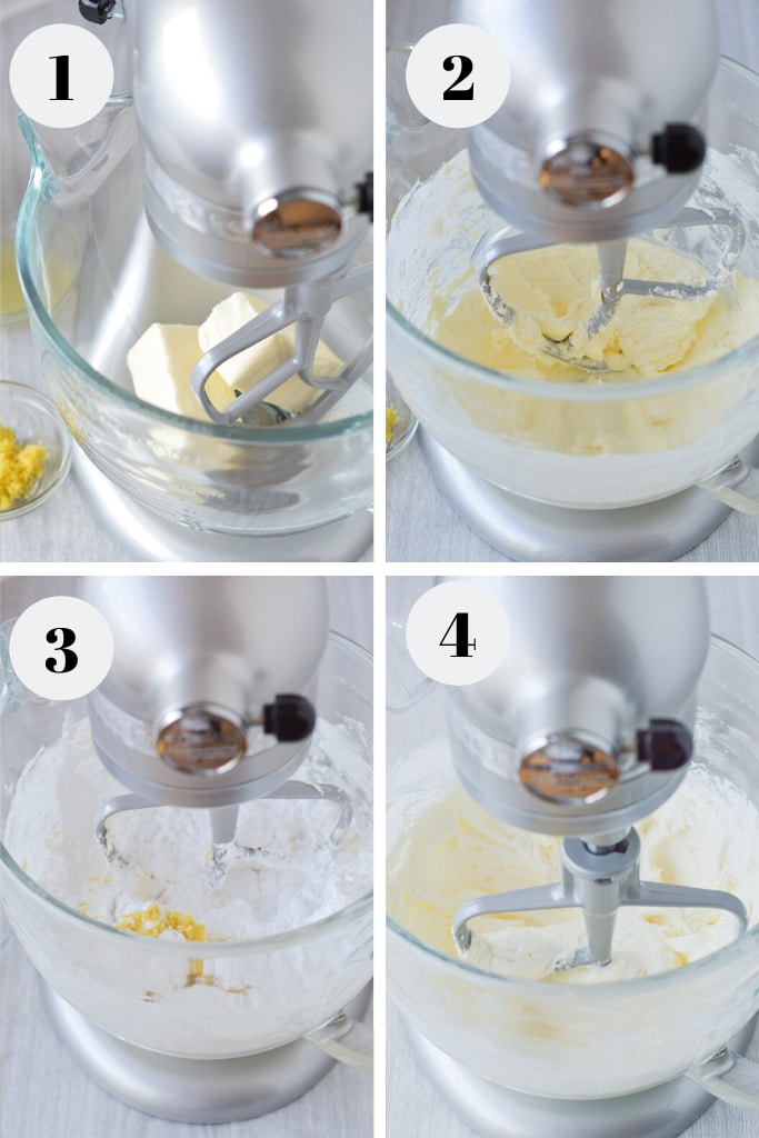 process of making lemon buttercream frosting in standing mixer 