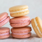 pink and white french macarons up close