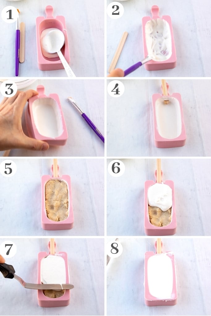 process of painting and filling cakesicle mold