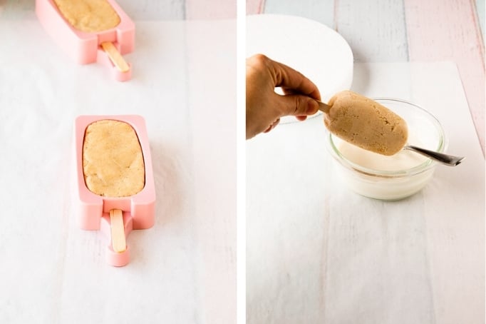 dipping cakesicle in chocolate 