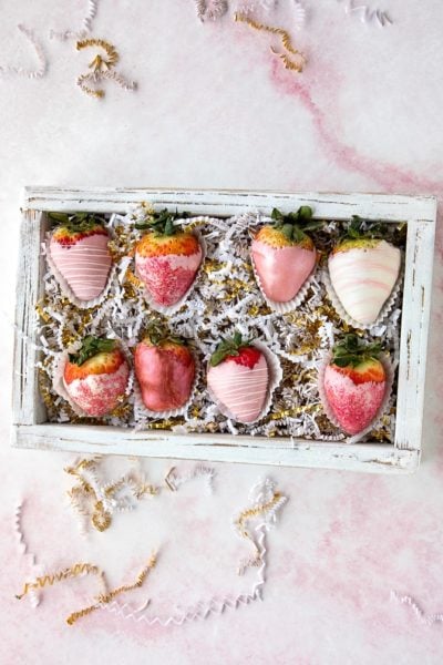 pink chocolate covered strawberries in box