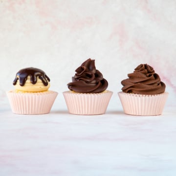 close up of warm, cooled, and whipped ganache on cupcakes