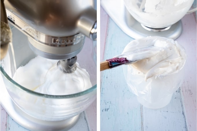 process of making marshmallow mix and adding to pastry bag
