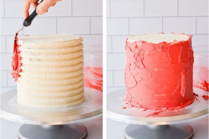 frosting red stripes on a cake 