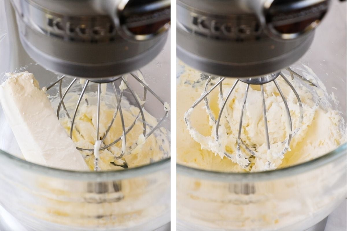 beating butter and cream cheese in standing mixer