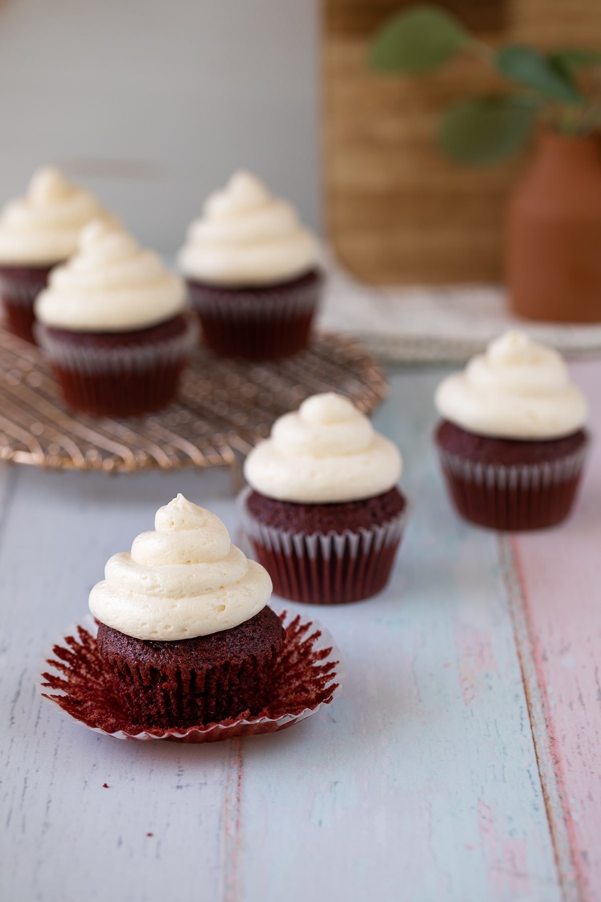 Ermine Frosting on red velvet cupcakes.