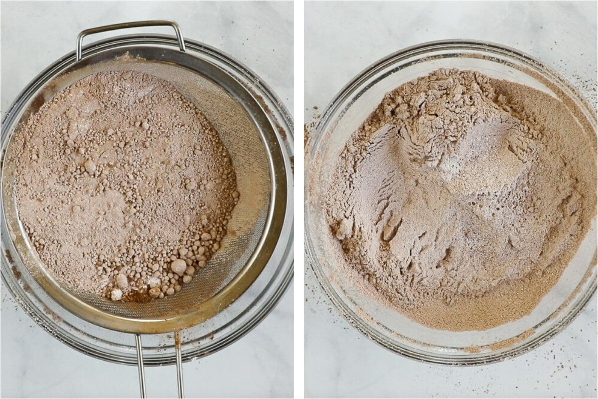 sifting cocoa powder and powdered sugar