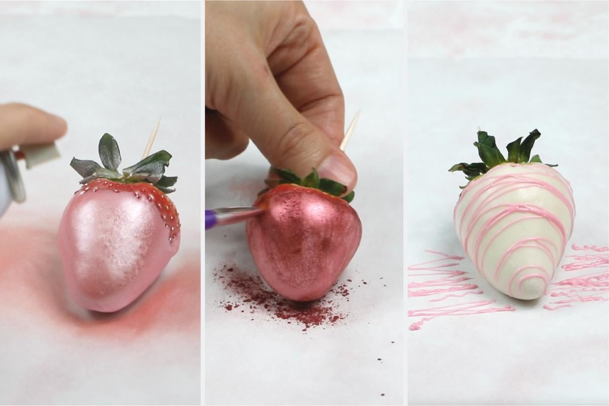 decorating white and pink chocolate covered strawberries.