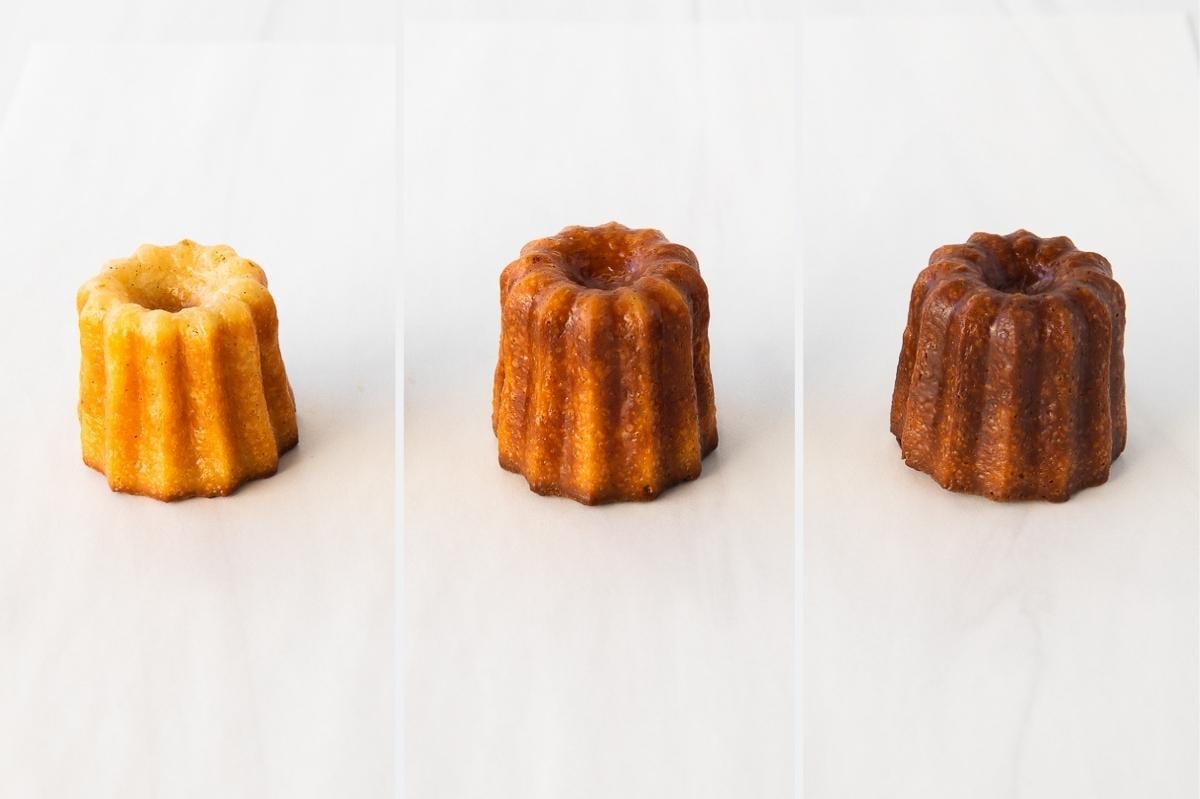 caneles at different stages of baking