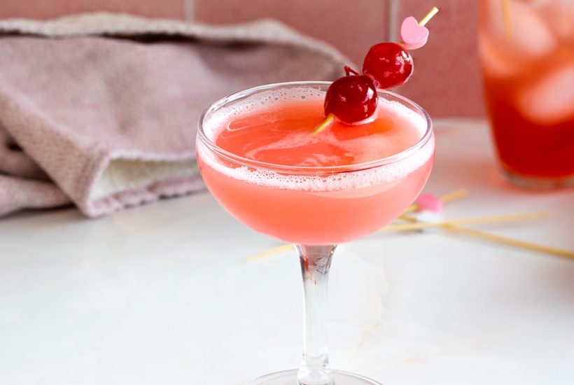cherry vodka sour shaken in cocktail glass