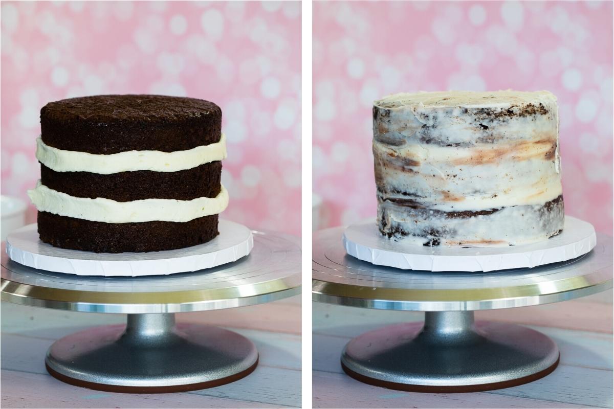 adding a crumb coat to a layer cake