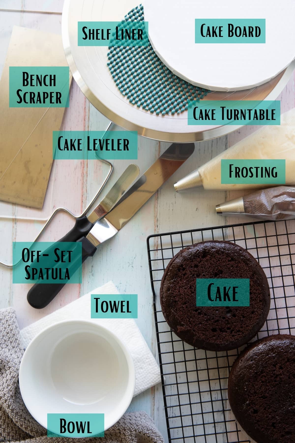 tools and ingredients for frosting a cake