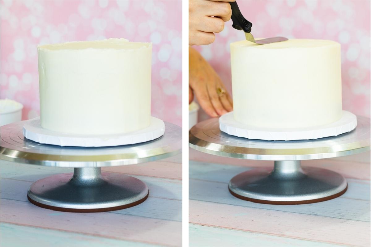 smoothing the top of a layer cake
