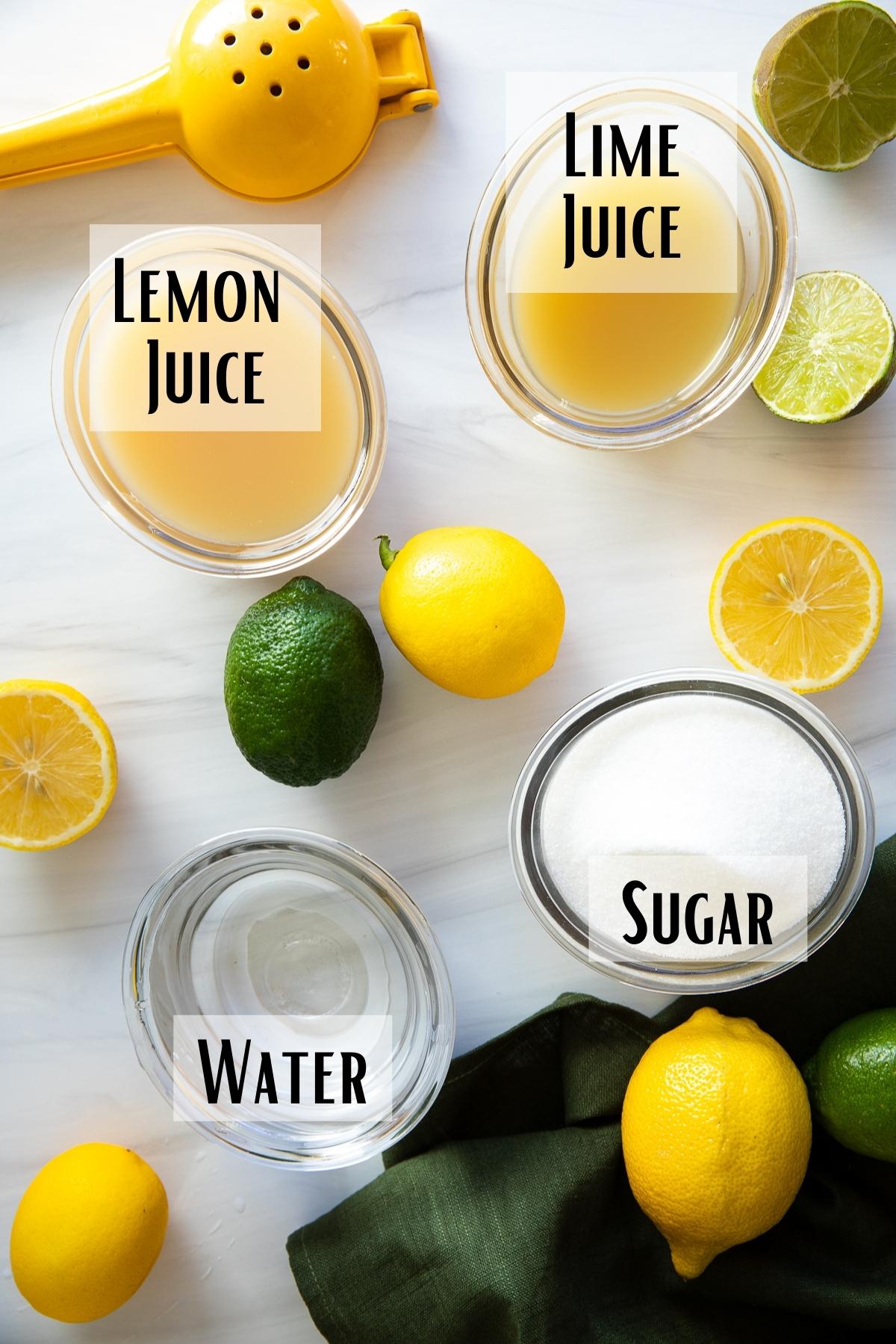 sour mix ingredients of lemon juice, lime juice, water, and sugar