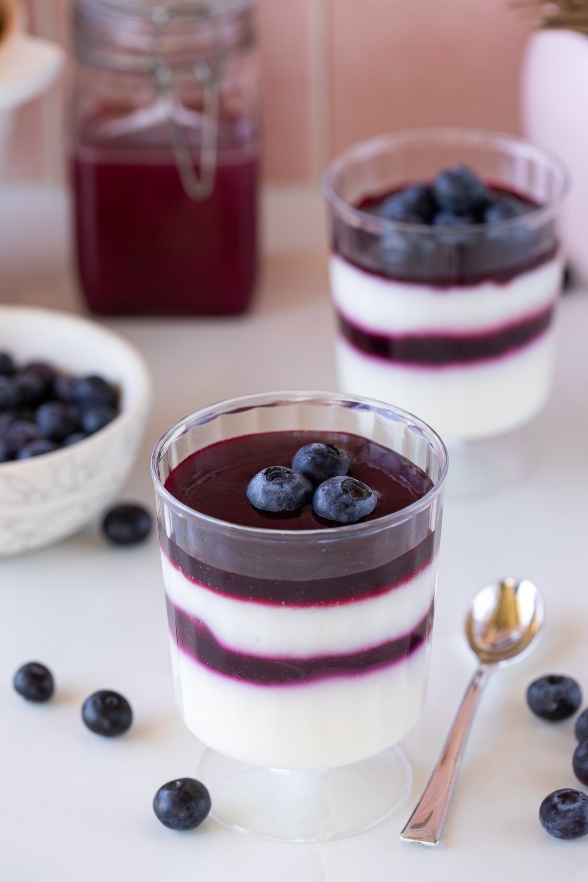 blueberry coulis layered with panna cotta.