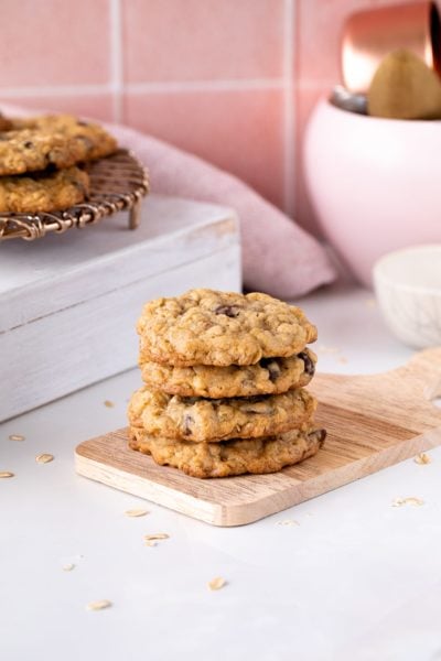 stack of oatmeal walnut chocolate chip cookies