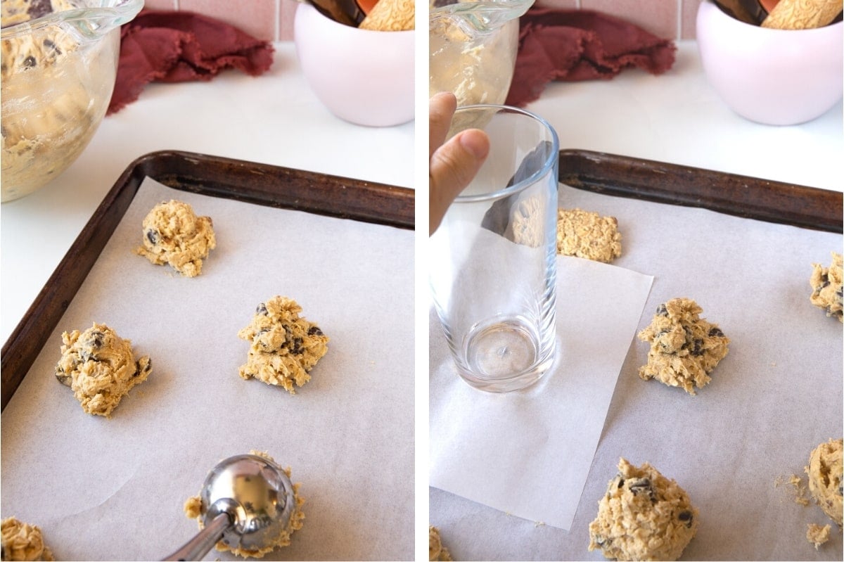 process of flatening oatmeal walnut chocolate chip cookie dough