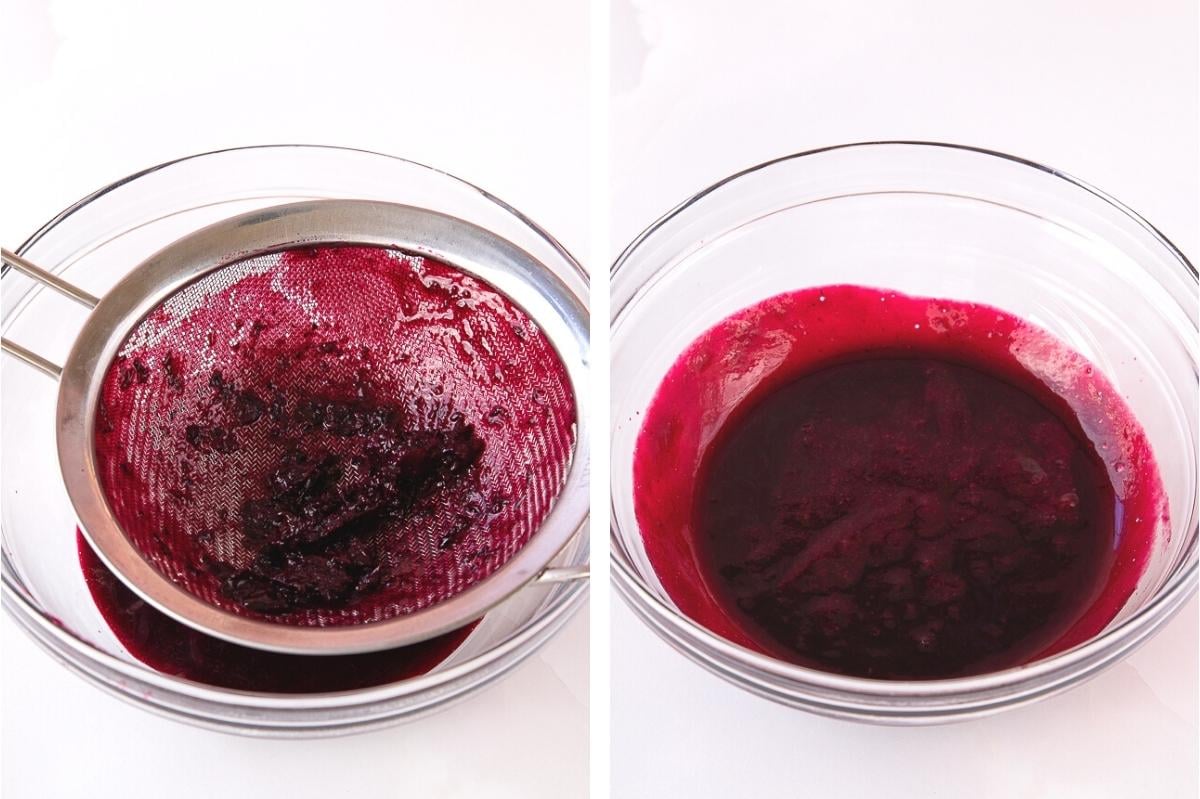 straining blueberry coulis blueberry sauce