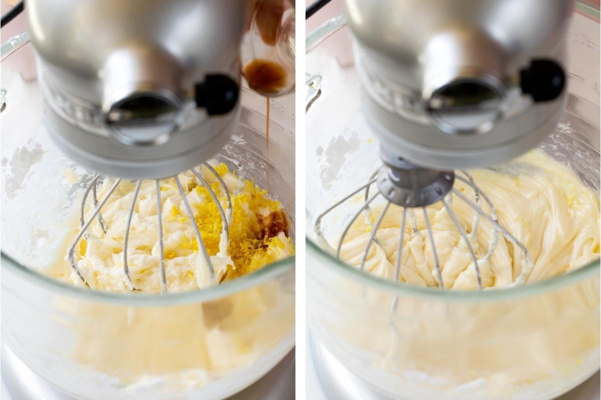 adding lemon zest juice and vanilla to cream cheese frosting