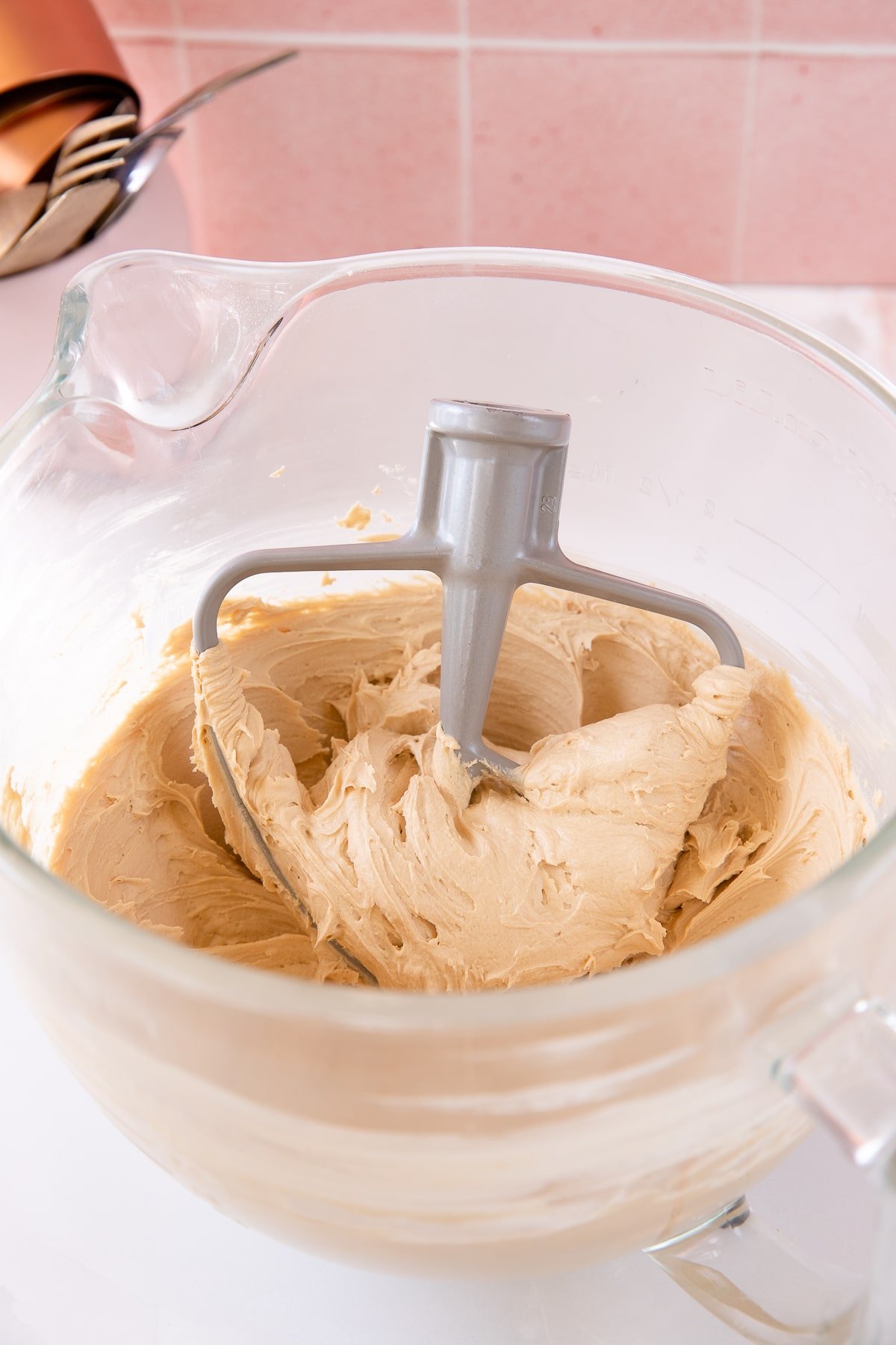 coffee buttercream in mixing bowl.