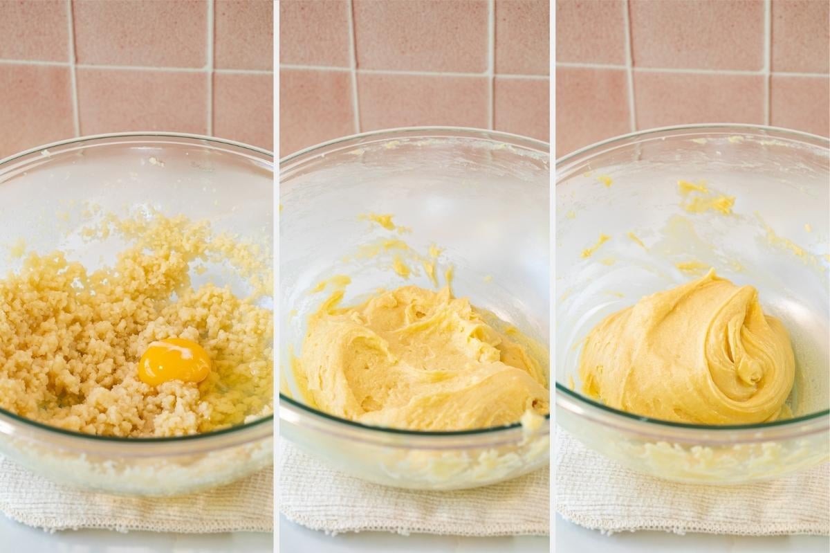 adding eggs to choux pastry.