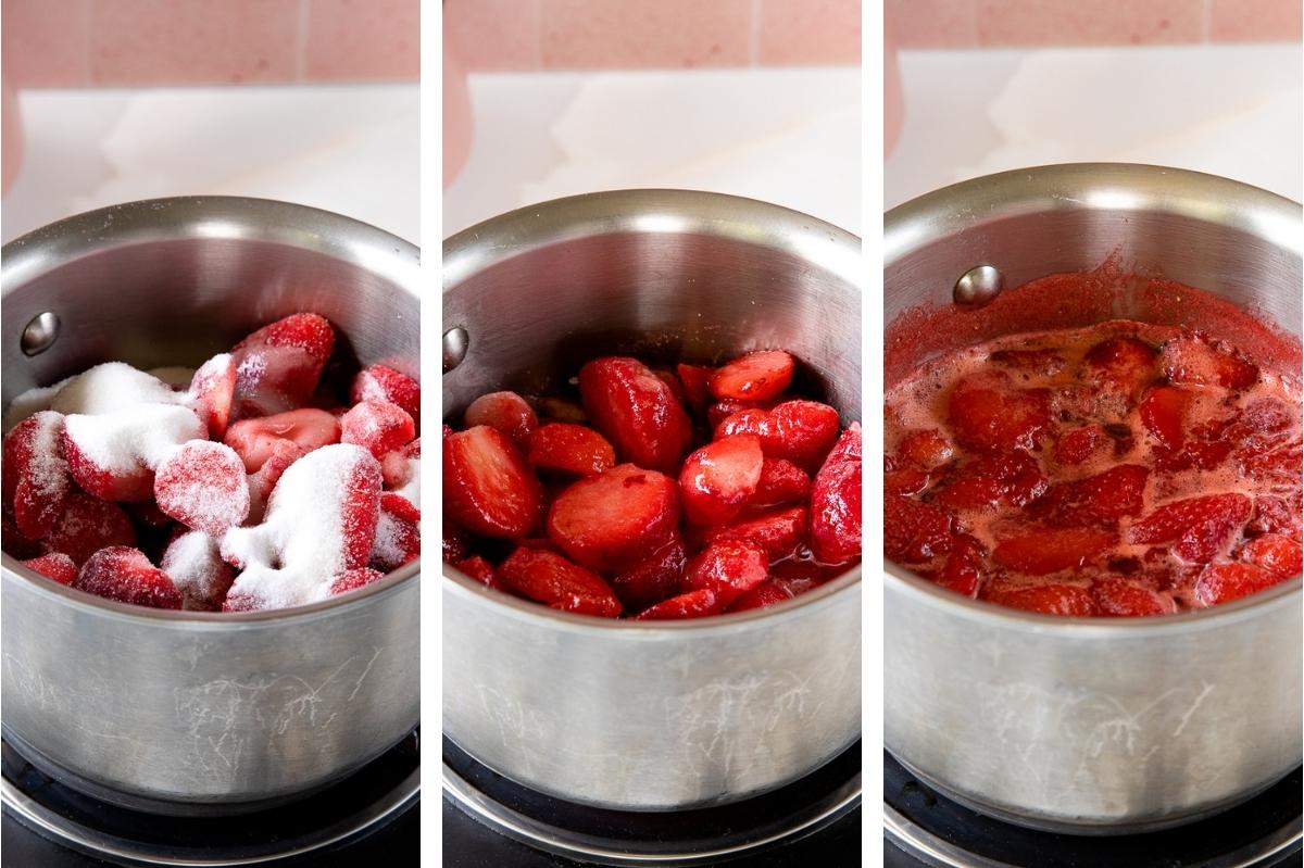 simmering berries for strawberry sauce.