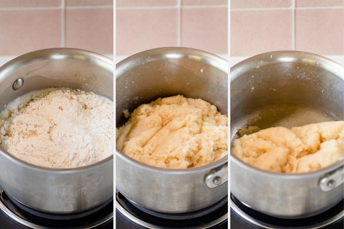 cooking flour with butter and water mixture for choux pastry.