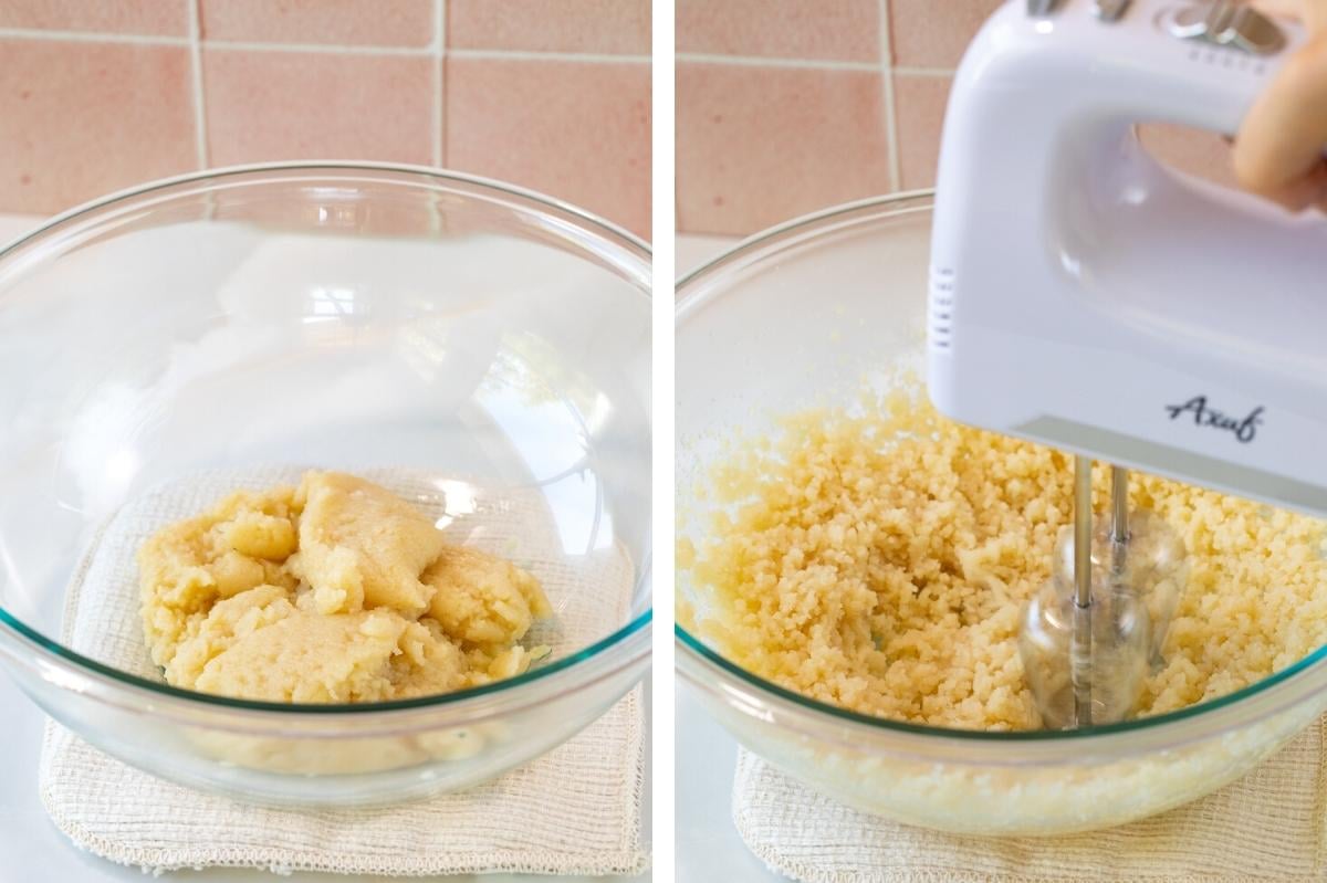 cooling down choux pastry with hand held mixer.