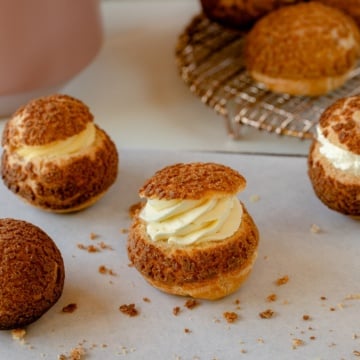choux au craquelin with diplomat cream up close.