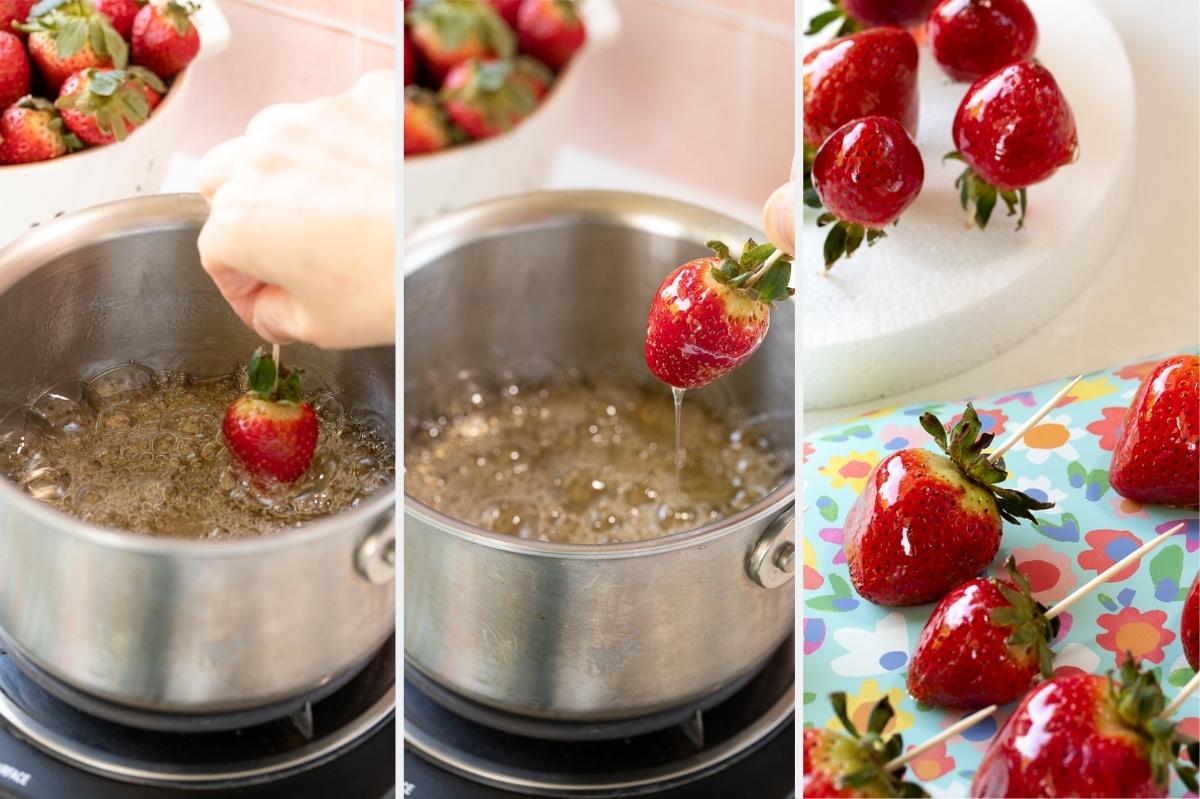 dipping candied strawberries in sugar syrup