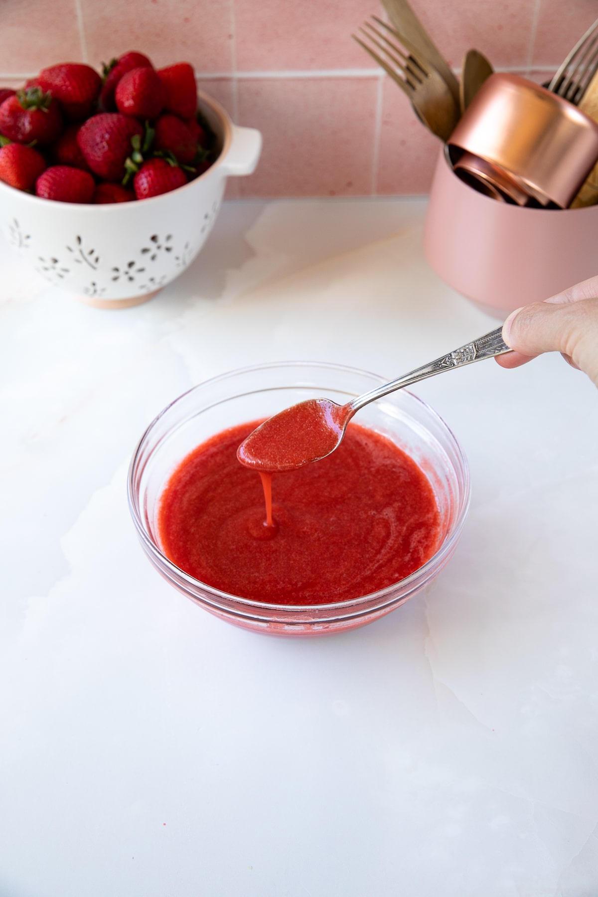 strawberry coulis in bowl.