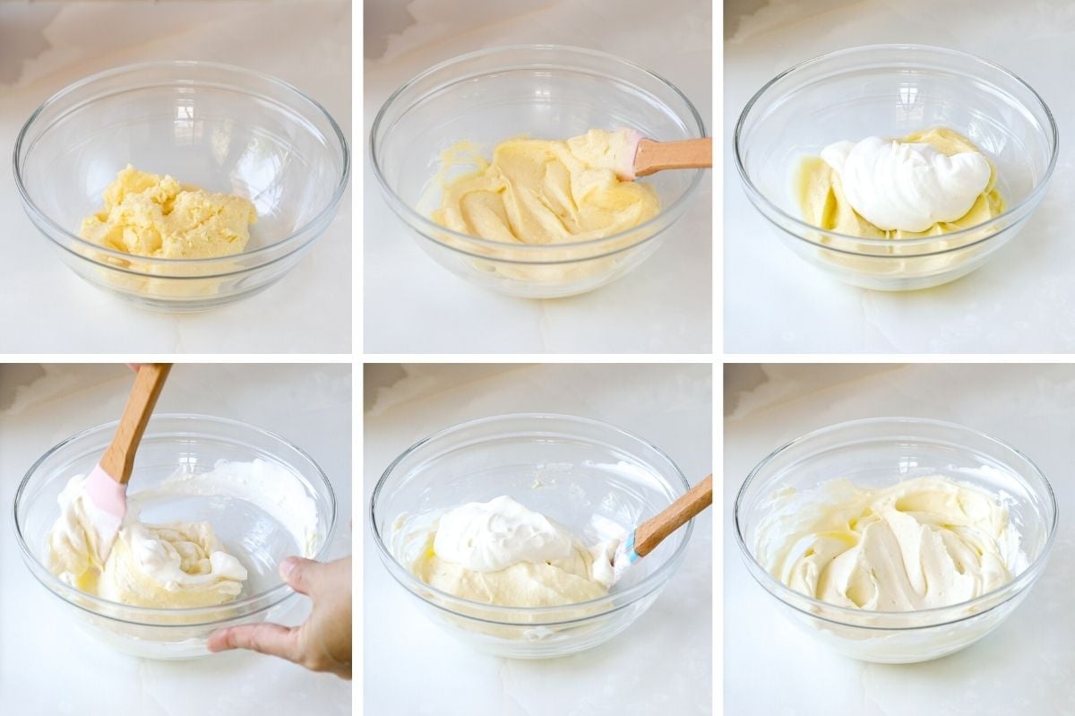 folding in whipped cream to pastry cream.