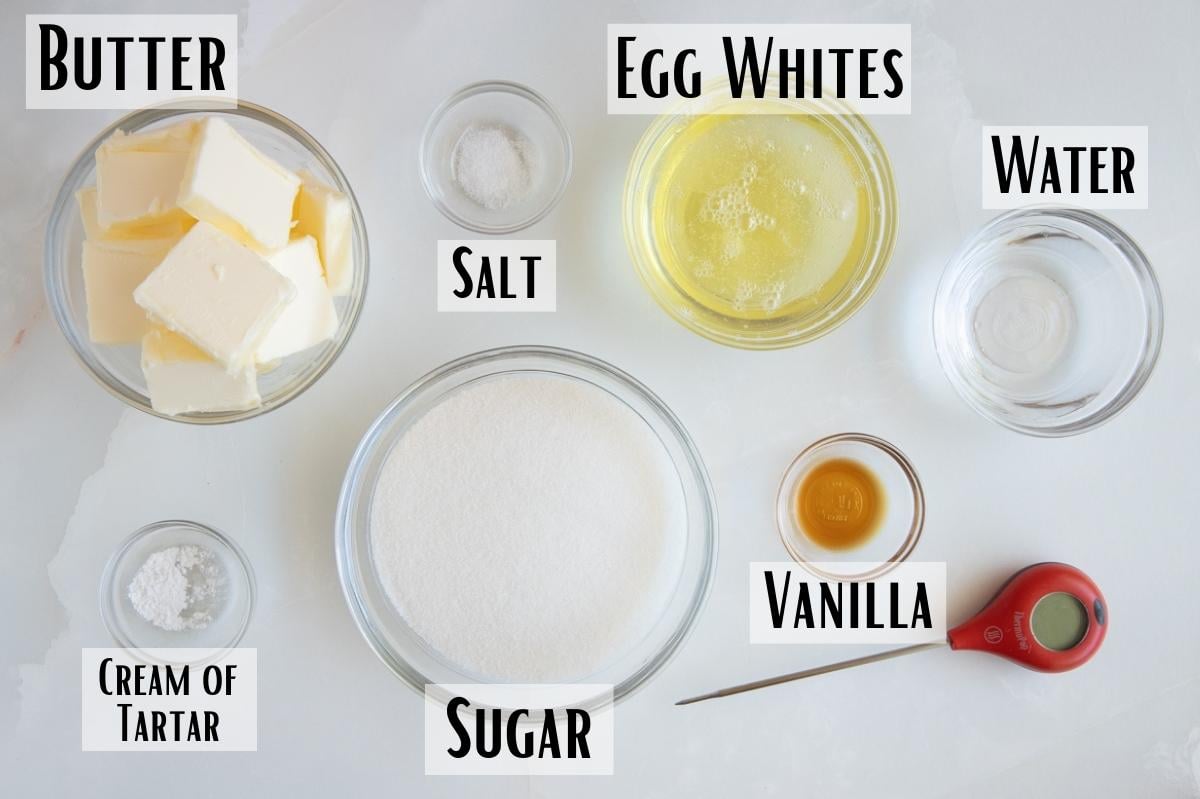 Italian Meringue Buttercream Ingredients of butter, salt, sugar, cream of tartar, egg whites, vanilla, and water.