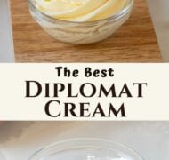diplomat cream piped with strawberry and in bowl.