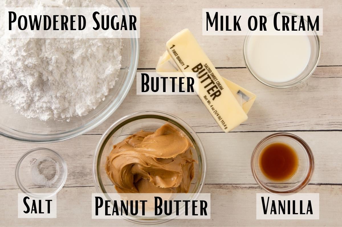 peanut butter frosting ingredients of powdered sugar, peanut butter, butter, milk or cream, salt and vanilla. 