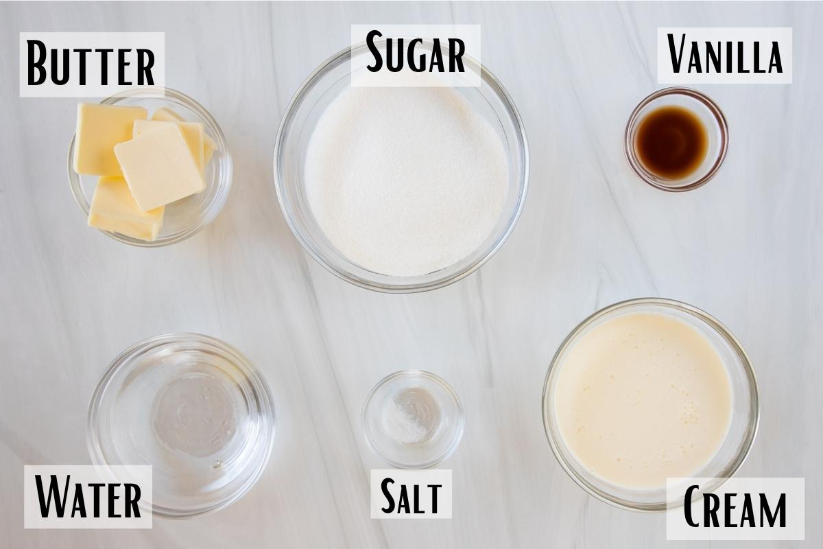 caramel sauce ingredients of sugar, water, butter, vanilla, and salt..