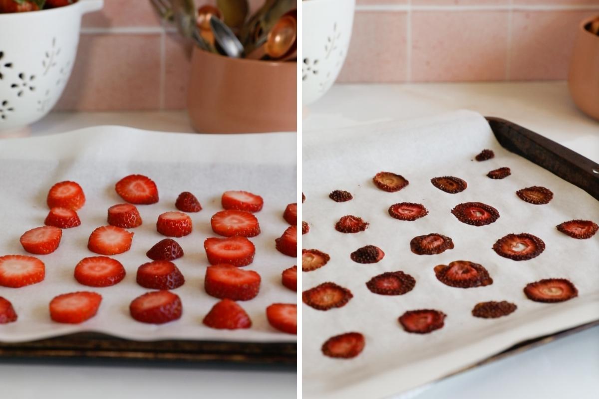 cut strawberries on baking sheet before and after baking.