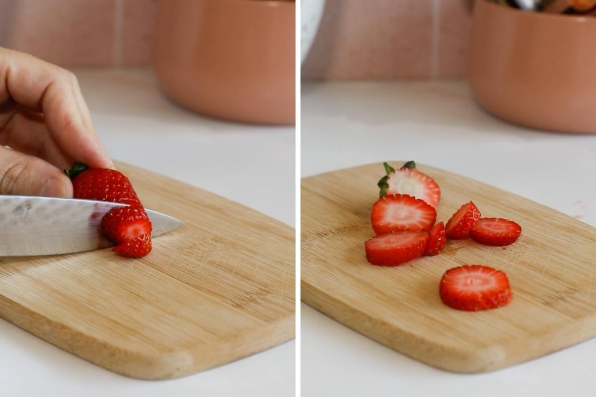 cutting strawberries.