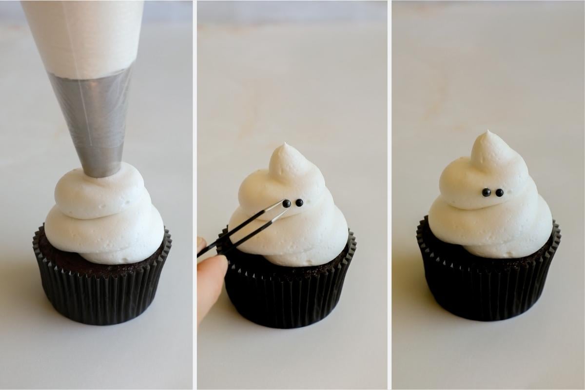 piping frosting on cupcake and adding eyes for ghost cupcakes. 
